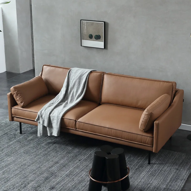 

Nordic light luxury leather sofa first layer cowhide small apartment living room three-person Italian minimalist