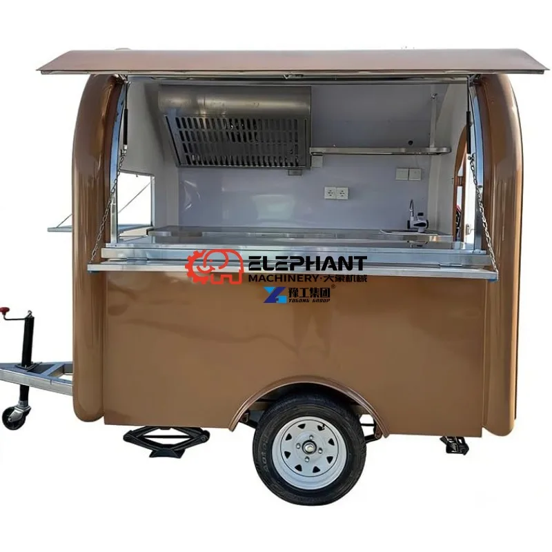 2.2M Mobile Food Cart Trailer with Serving Counter & Vent Hood, Brown Street Vending Concession Trailer for Coffee, Snacks
