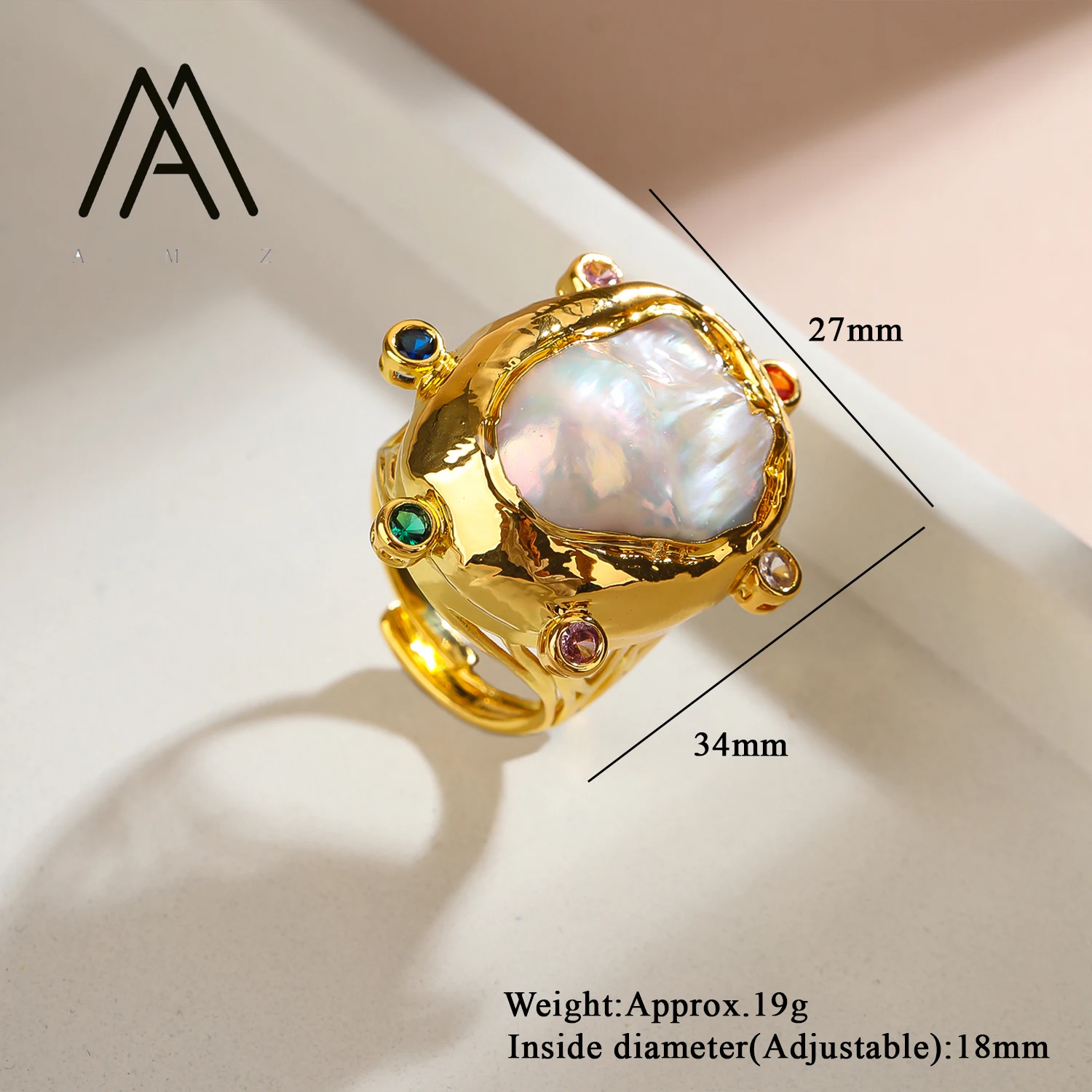 

Natural Pearl Ring with Colored Zirconia Classic Elegant Jewelry Adjustable Open-Band Womens Ring Party Jewelry Girl Ladies Gift