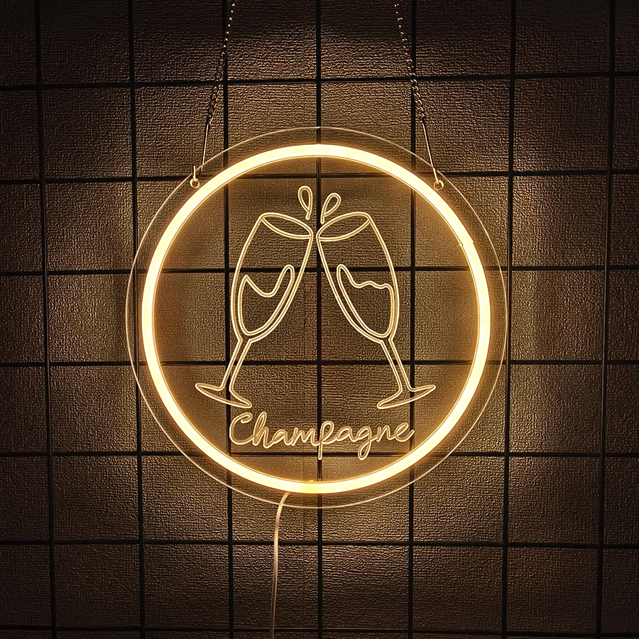 Warm White Champagne Cheers Neon Sign, USB Powered LED Round Wall Light for Bar Pub Restaurant Wedding Birthday Party Decor