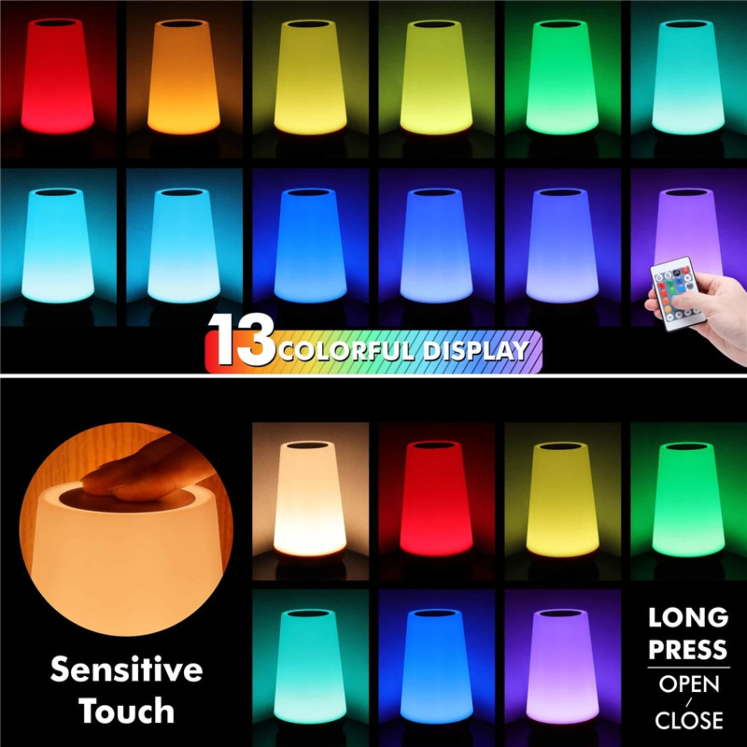 Lampu tidur แบบพกพาหรี่แสงได้13สีรีโมตคอนโทรล RGB โคมไฟอ่านหนังสือ USB ชาร์จได้-เพิ่มห้องนอนของคุณ