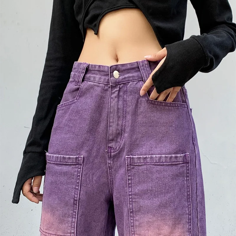 Women Korea Style Gradient Purple Color Jeans Spring And Summer Commuting Pants High Waist Wide-leg Fashion Women\'s Trousers