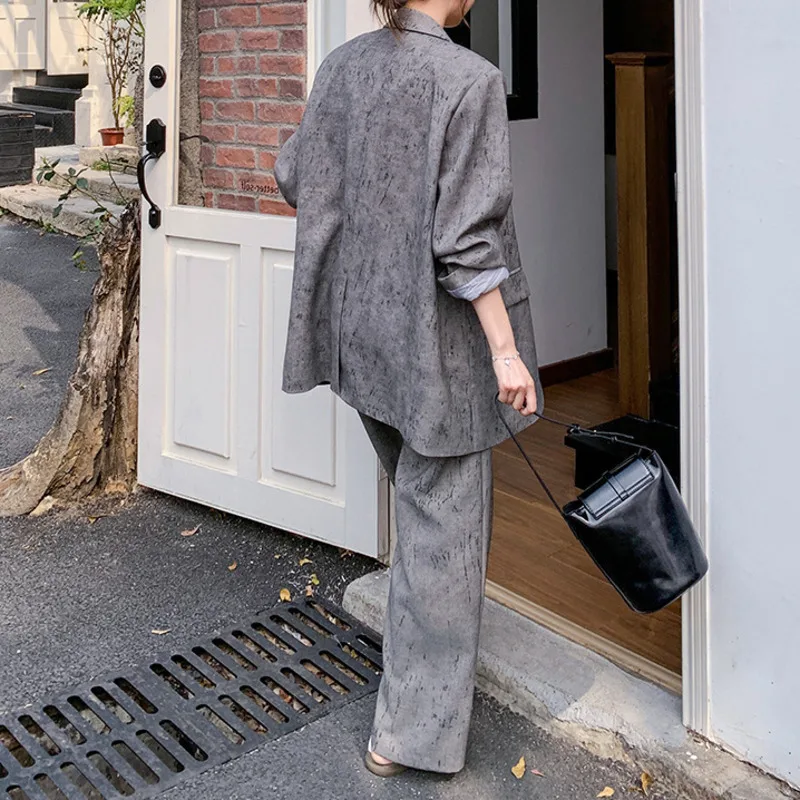 EAEOVNI 2025 Büro Dame Frauen Zwei Stück Set Unregelmäßige Taste Blazer Mantel + Breite Bein Lange Hosen Mode Neue Kleidung temperament