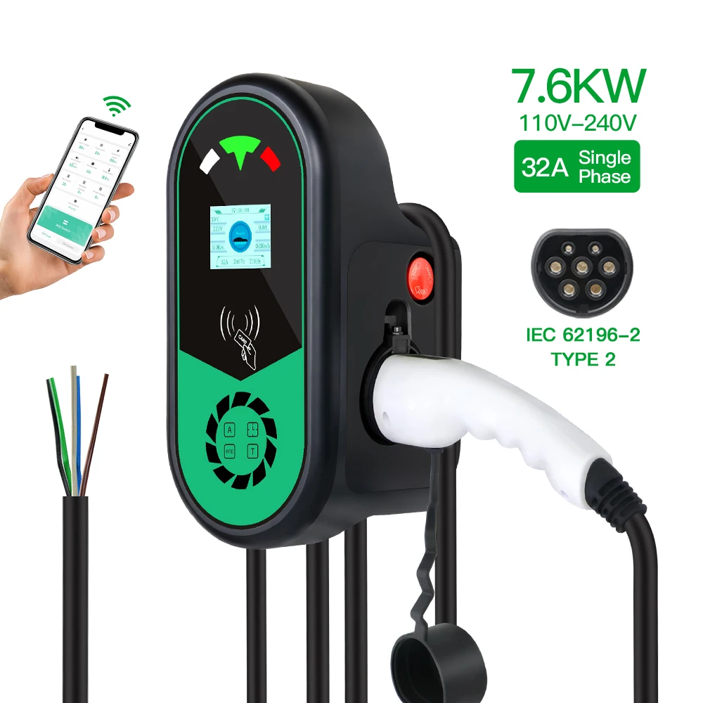 ECO EV Charging Station Type2 IEC62196-2 Plug 7.68KW 32A 1P with App Version Wallbox Charger 5m Cable Electric Vehicle Car