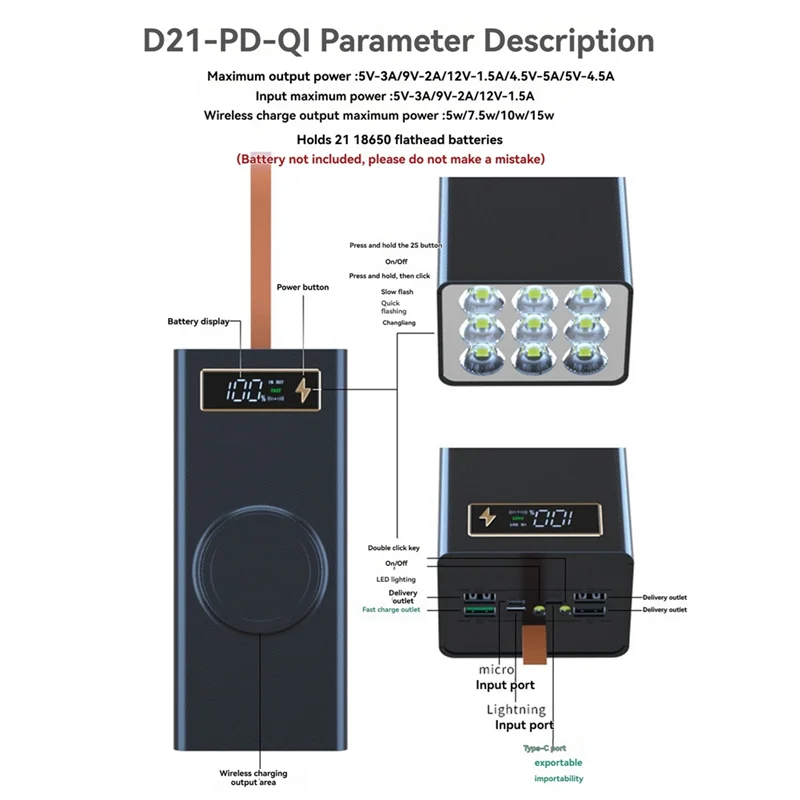 Portable DIY Power Bank Case For 21*18650 Batteries Portable External Battery Box For Mobile Phone Charging D21