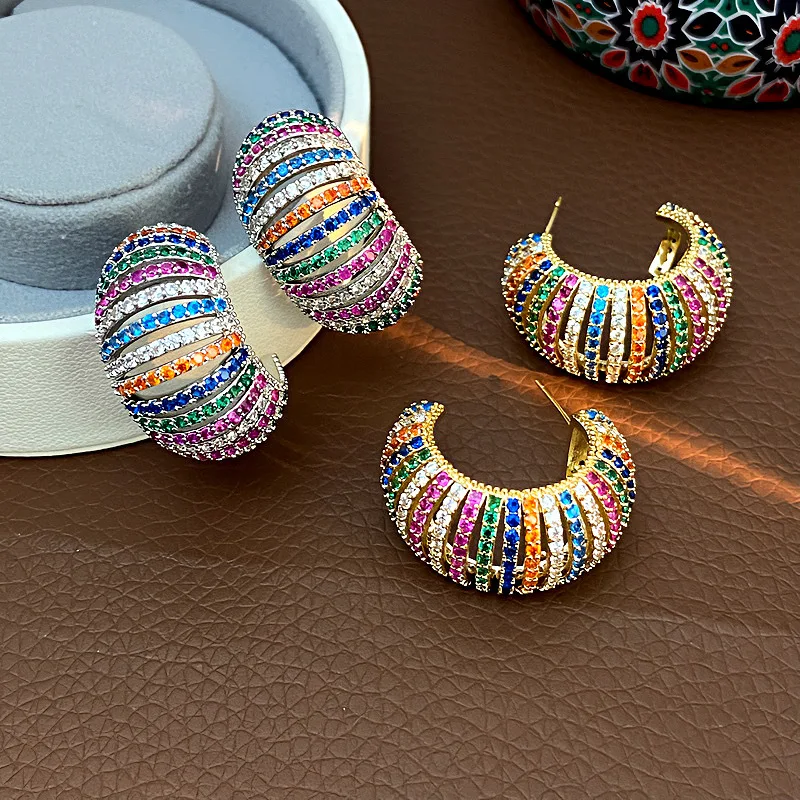 Light luxury semi-circular hollowed-out striped colored zircon geometric earring exquisite elegant women marriage jewelry