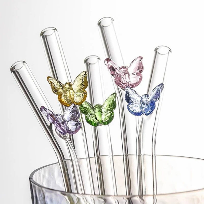 Pajitas de vidrio reutilizables con mariposa, pajitas ecológicas para beber con cepillo limpio para batidos, cócteles, accesorio de Bar