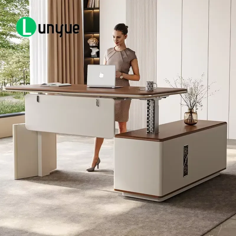 Modern Ergonomic Sit Stand Desk Adjustable Height with Built in Wooden Lockers for Home Office Workspace Space Saving Storage