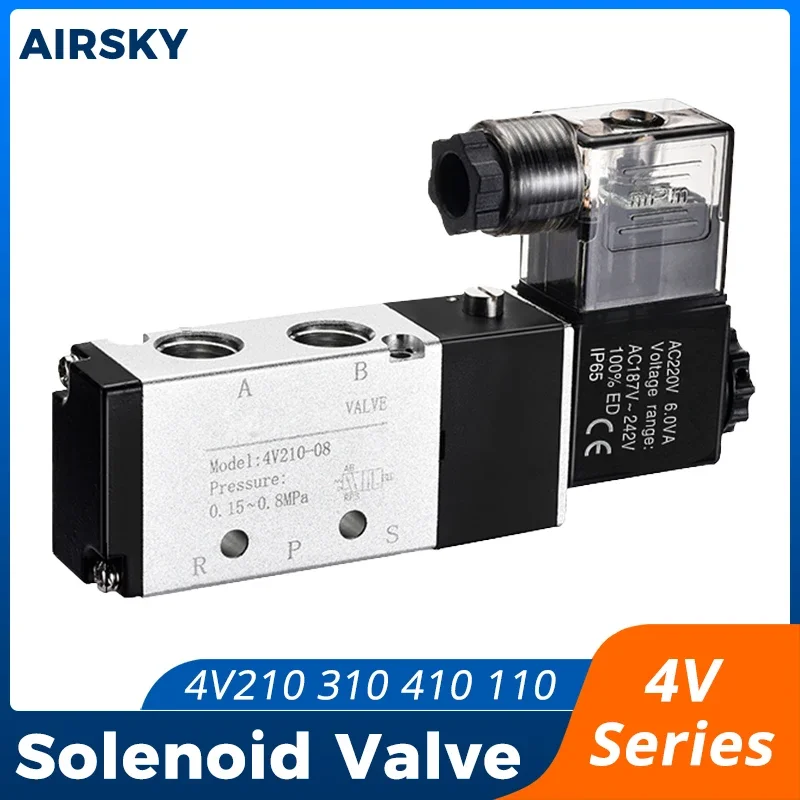 4V110-06 4V210-08 4V310-10 4V410-15 5 Way 2 Position Pneumatic Electric Air Control Solenoid Valve DC12V DC24V AC110V AC220V