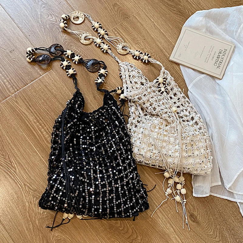 

2 Set Mesh Beach Bag For Women Designer Hollow Out Shoulder Bag Shiny Sequined Handbag Large Travel Crossbody Tote Bag Summer