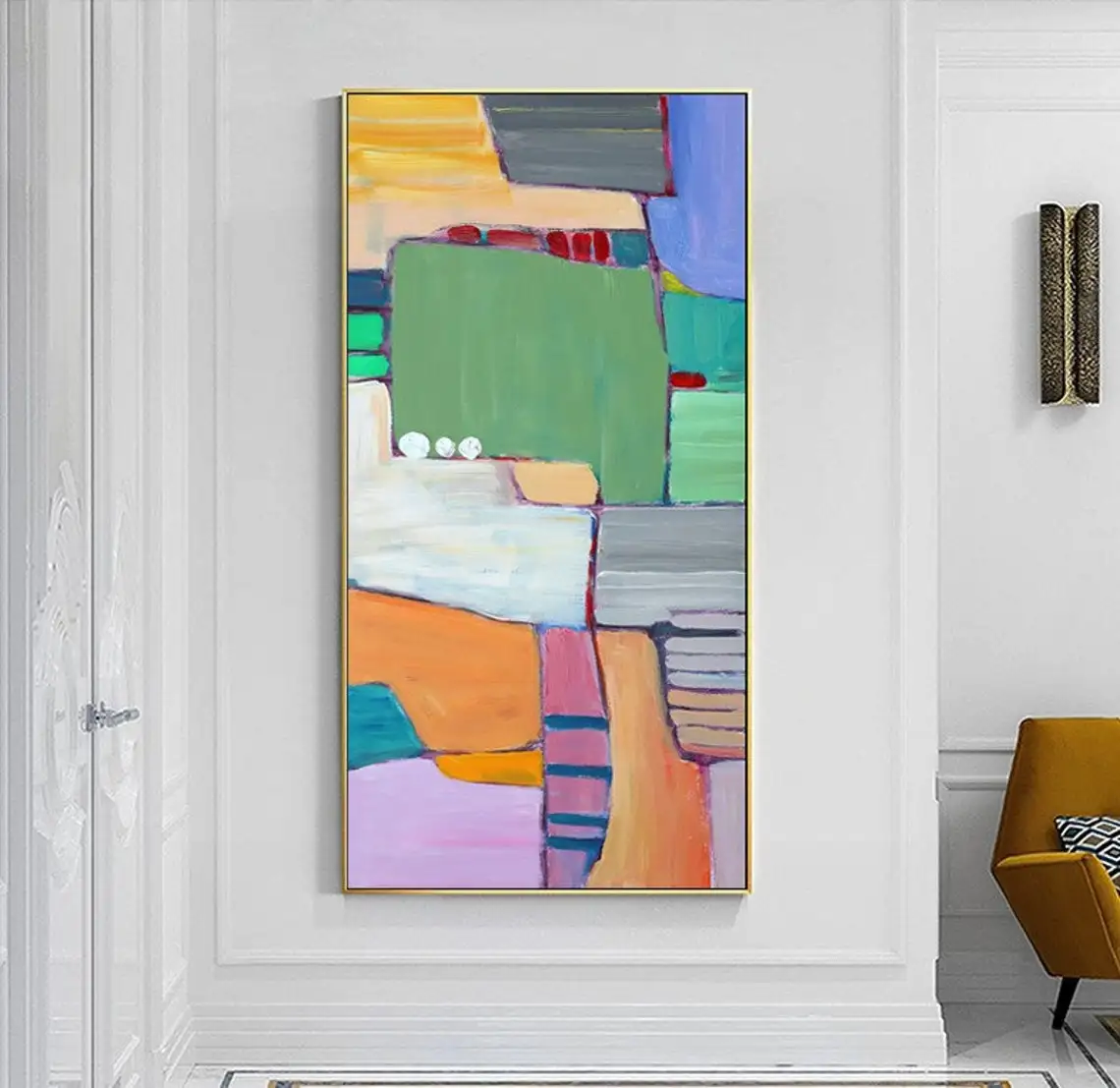 Colorful Geometric Heavy Brush Stroke Contemporary Handmade Knife Palette Abstract Large Modern Thick Textured Painting Wall Art