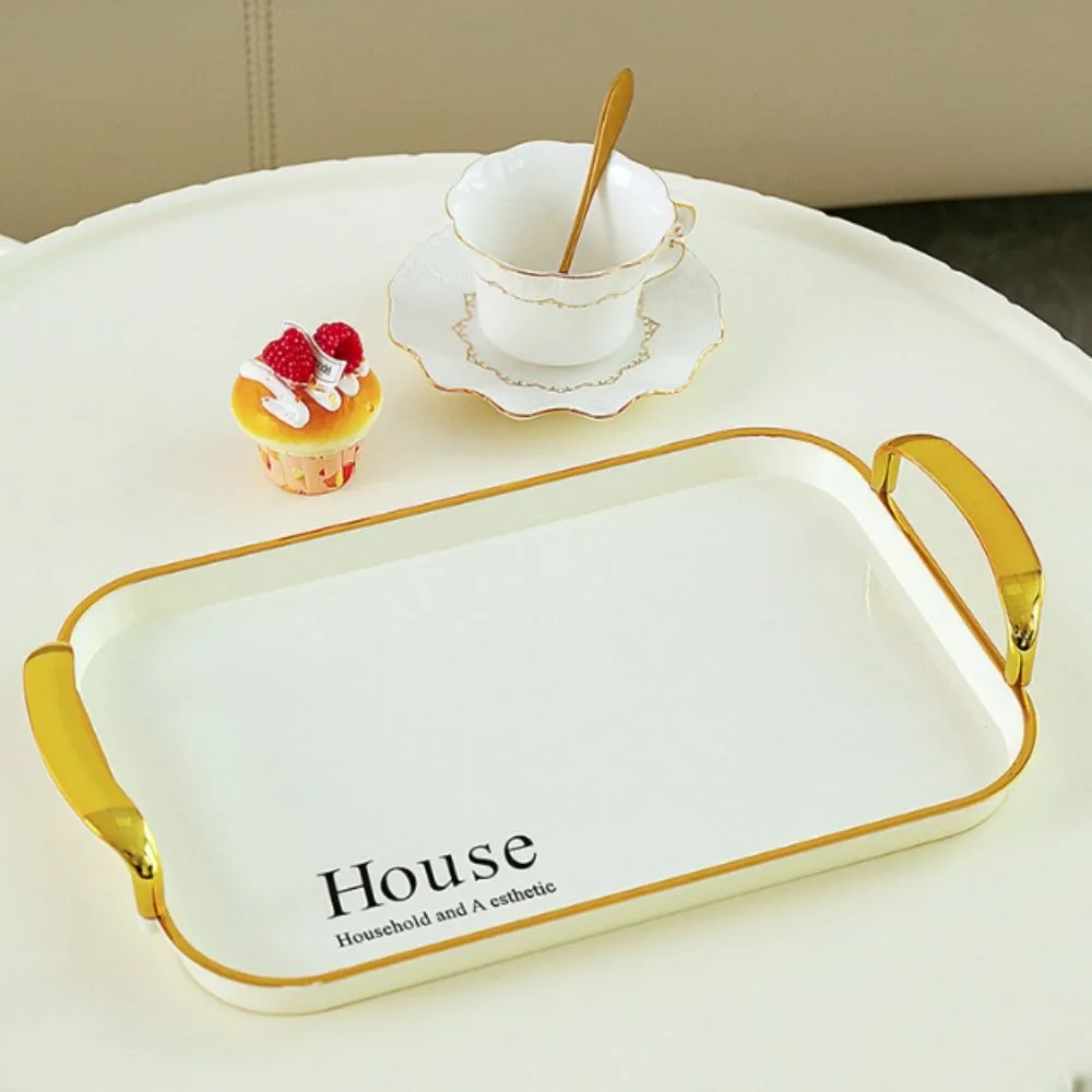 3PCS Light Luxury Plastic Tea Tray Set Rectangular Thickened Afternoon Tea Tray Stackable Golden Handle Dessert Tray Fruit