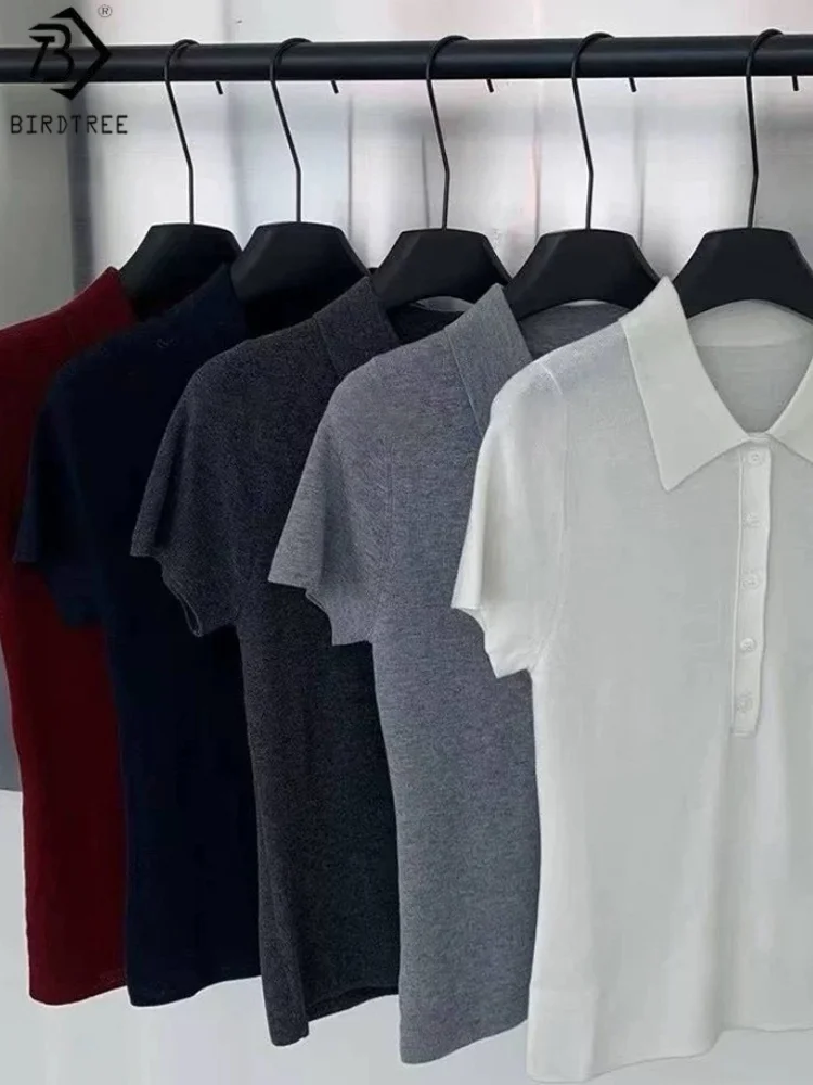 

Birdtree 8.8% Sheep Wool 30.4% Acrylic Polo T shirt,Woman Wool Blend Short Sleeve Solid Single Breasted Knitwear Autumn T59216JF