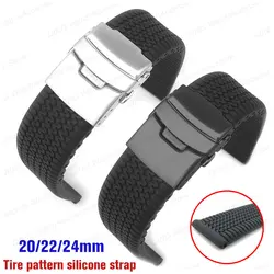 20mm 22mm 24mm Universal Soft Silicone Black Strap Tire Pattern Cuttable Sport Waterproof Rubber Watch Band Metal Fold Buckle