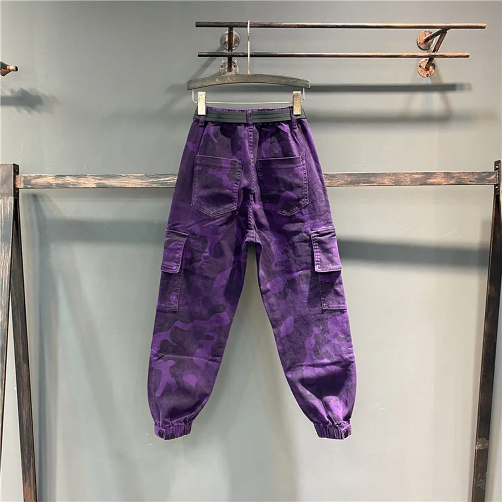 Purple camouflage jeans Women Cargo Pants Spring Loose Hip Hop Joggers Trousers Pockets Overalls Sweatpants Female Streetwear