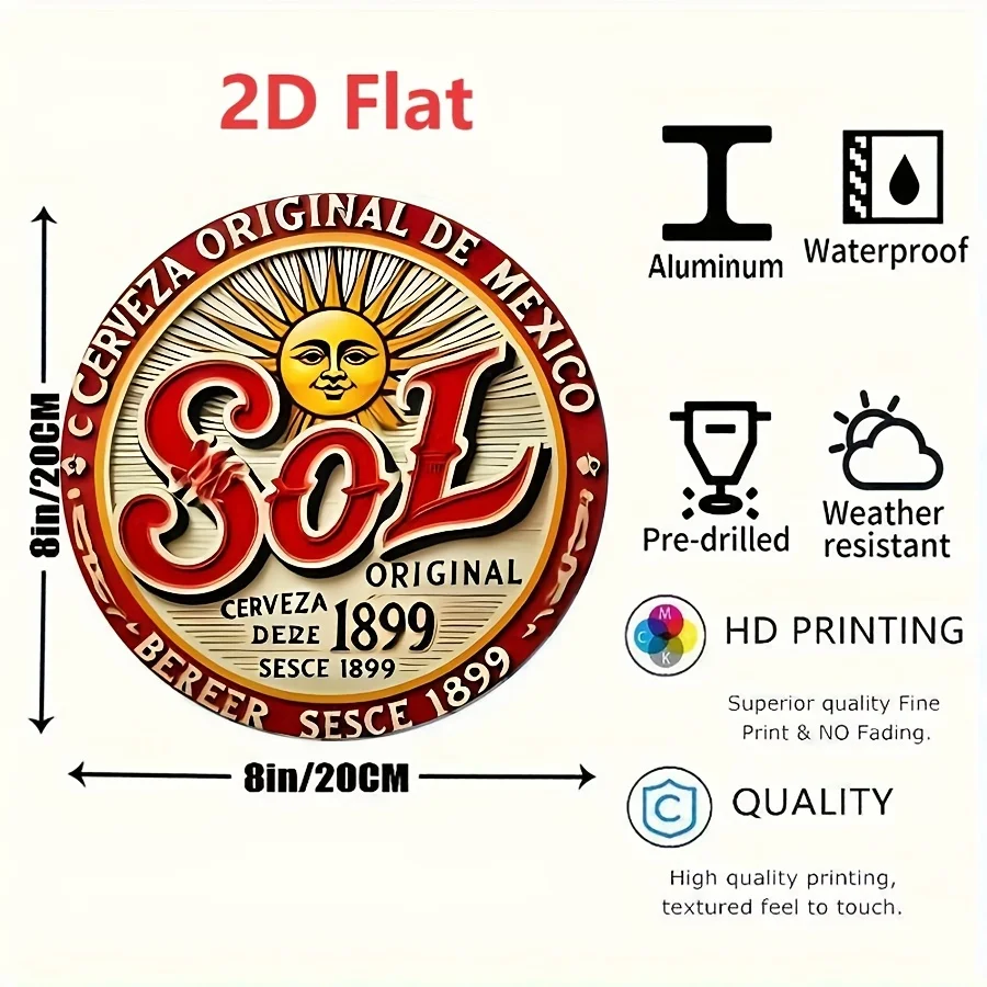 2D Flat, 1pc Sol Vintage Metal Sign - 1899 Original Mexican Cerveza Wall Art, Aluminum Decor with Sun & Cactus Design, Perfect f view 3