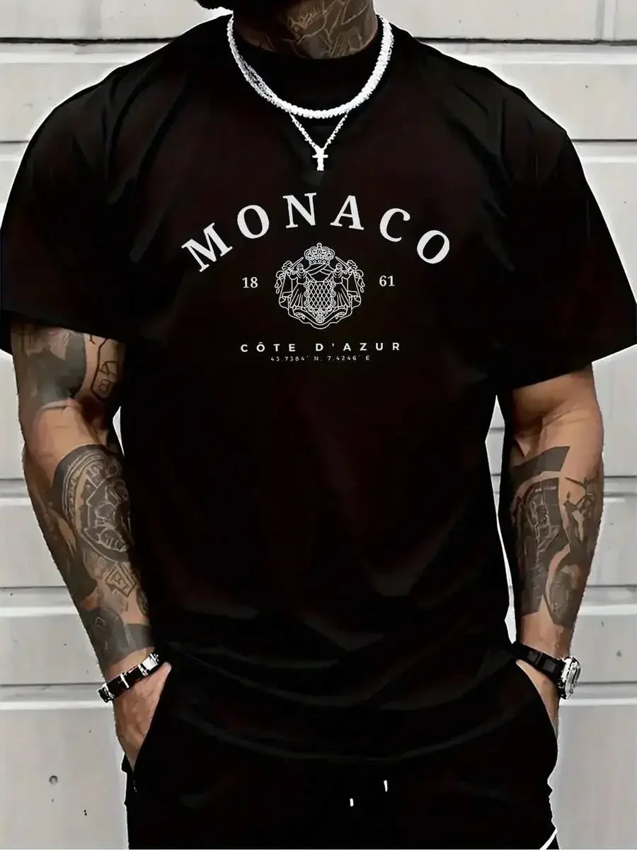 Front Blue Coast Printed Round Neck Short Sleeve T-Shirt Top Comfortable Breathable Fabric Casual Sports Style Men's Cotton Stre