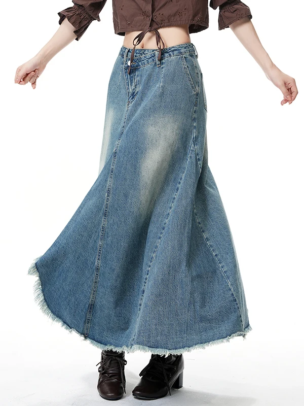 

Retro American Denim Asymmetrical Design Women's Skirt Summer New Style Spicy Girl Faded A-Line Long Skirt High Waist