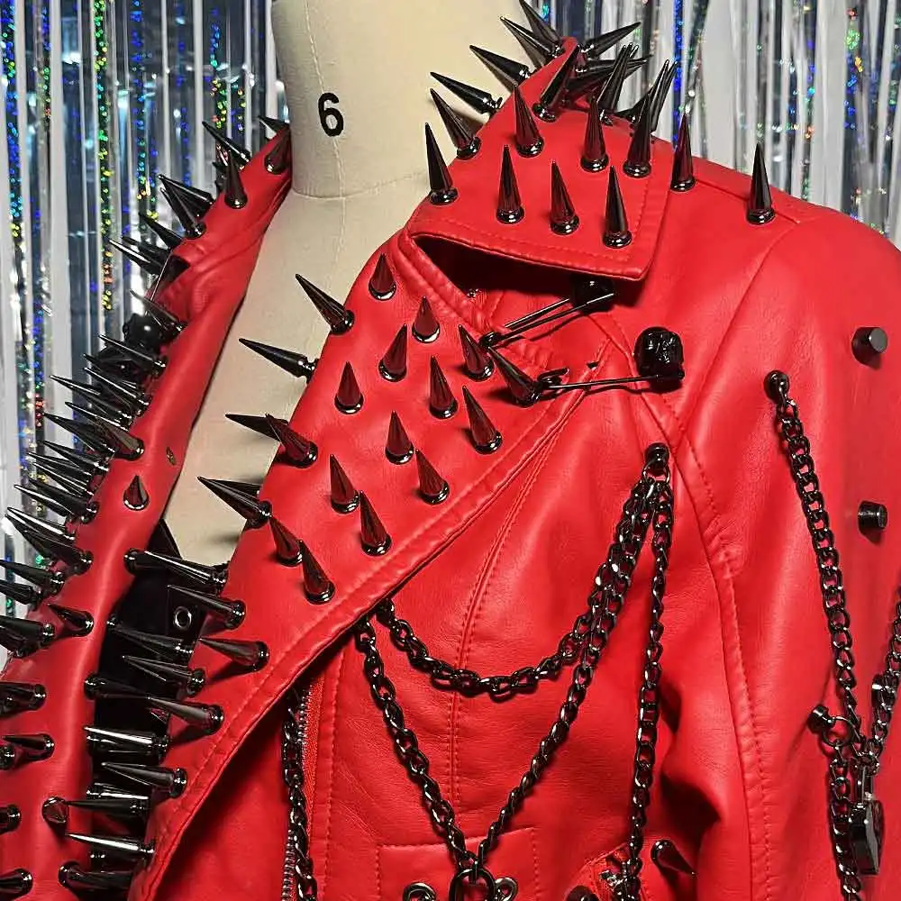 Red Punk PU Leather Jacket Y2K Goth Style Women's Rocker Spiked Studded Coat with Rivets Gothic Outwear for Alternatives Clothes