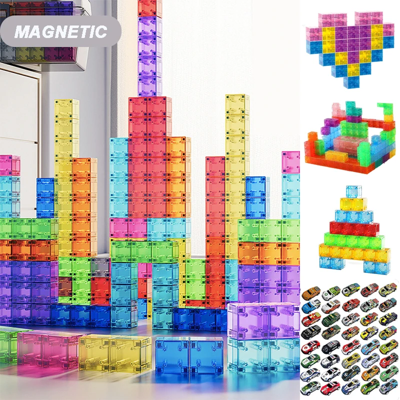 New Popular Transparent Magnetic Blocks Build Magnet World Set Vehicles for Child Sensory Construction Toys Kids Birthday Gifts