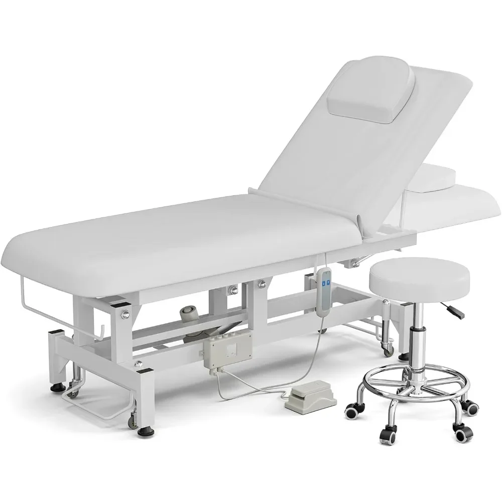 

Electric Lift Massage Table Bed and Stool, Spa Facial Treatment Table W/Face Hole, Adjustable Backrest Medical Table Beauty Beds