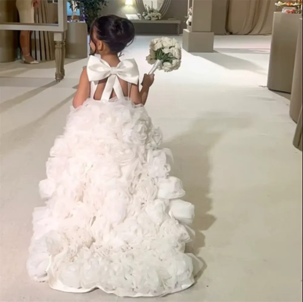 

White Flower Girl Dresses Tulle Puffy Appliques With Flowers Sleeveless For Wedding Birthday Party First Communion Gowns