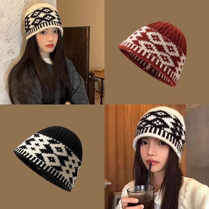 One Size Knitted Beanie Hat Daily Commute Travel Diamond Ribbed Design Warm Cotton Blend Soft Lining Women Autumn Winter