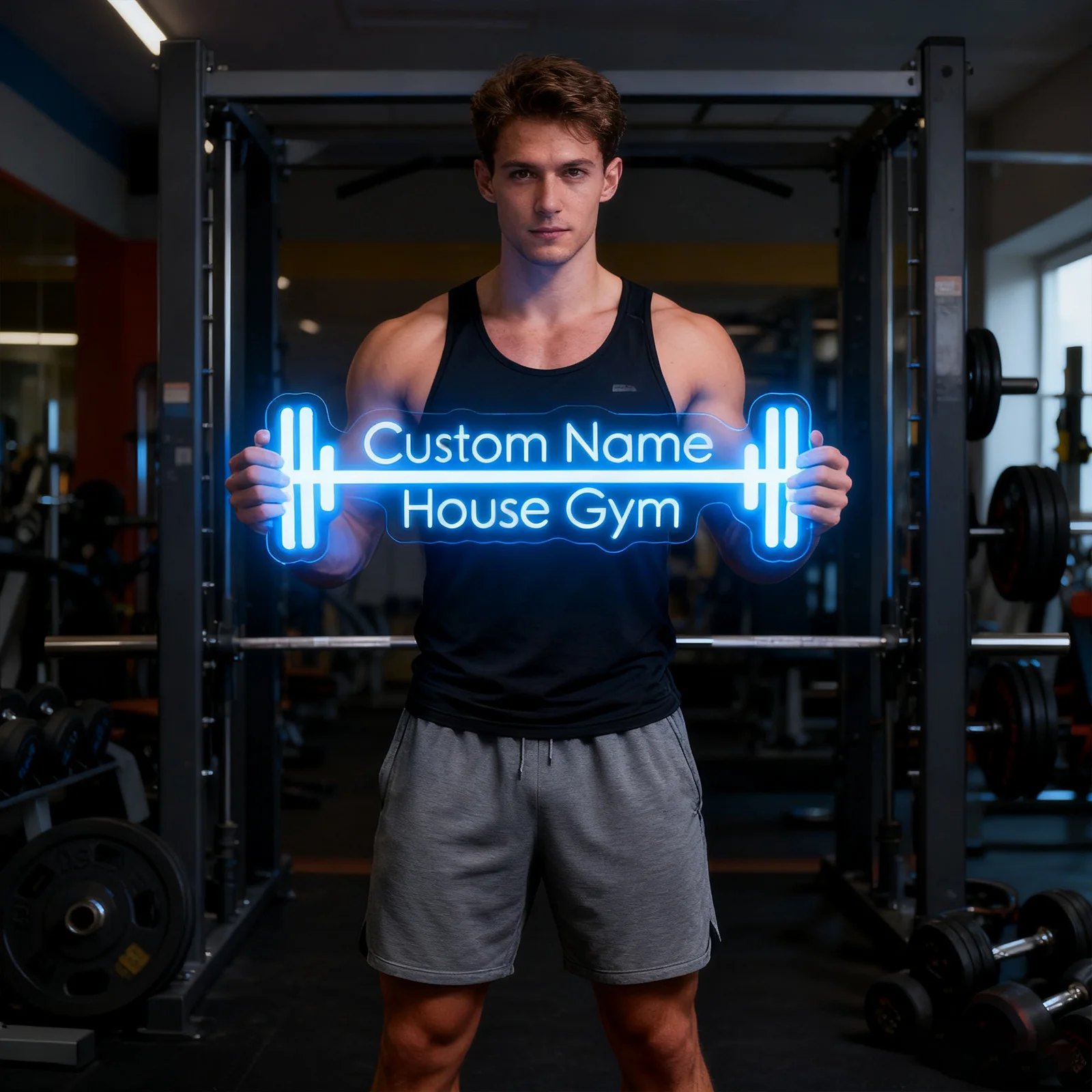 

Неоновая вывеска House Gym с индивидуальным именем, персонализированная светодиодная подсветка со штангой для домашнего декора стен в тренажерном зале, комната для фитнеса, человеческая пещера