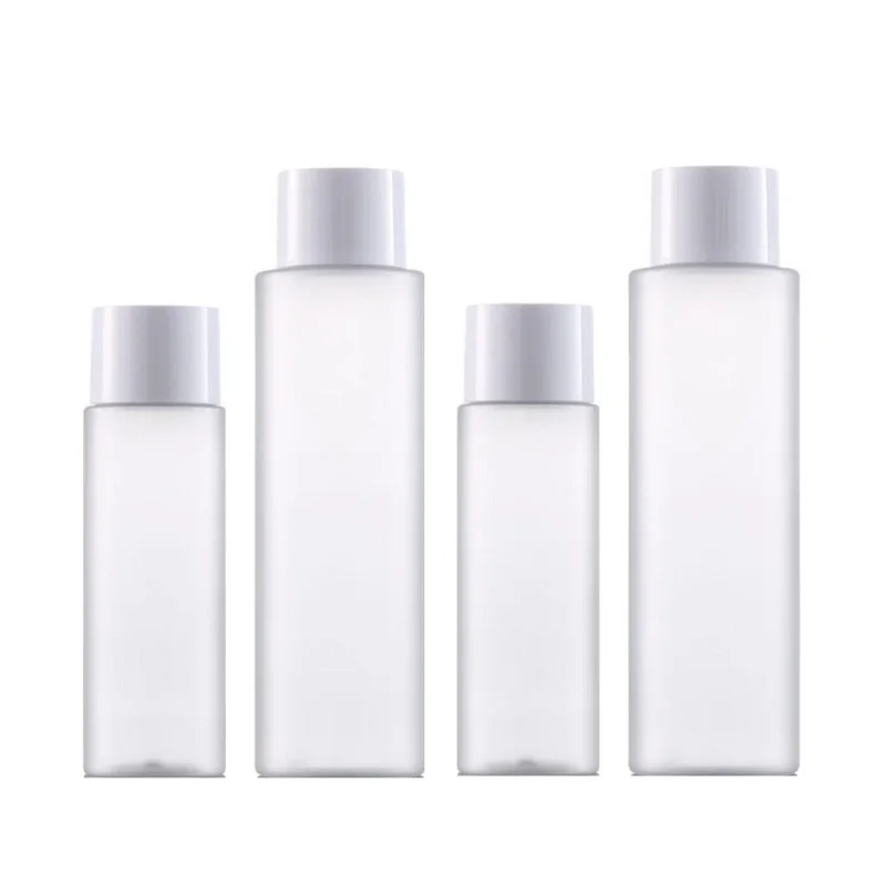 

100ml 150ml 200ml PET Empty Frost Plastic Refillable Bottle White Screw Lid Portable Flat Shoulder Cosmetic Toner Bottles 25pcs