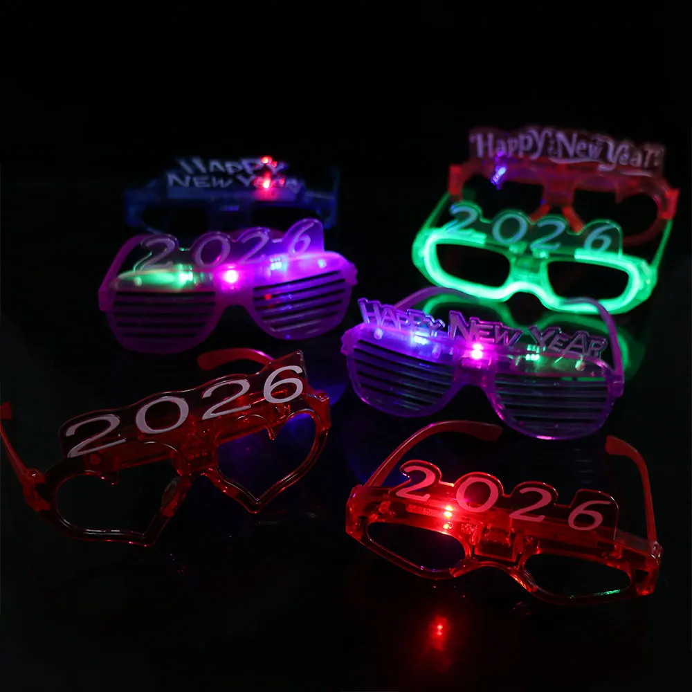LED Glow 2026New Year Glow Glasses Number Letter Square/Love Heart Shape 2026 LED Glow Glasses Colorful Plastic