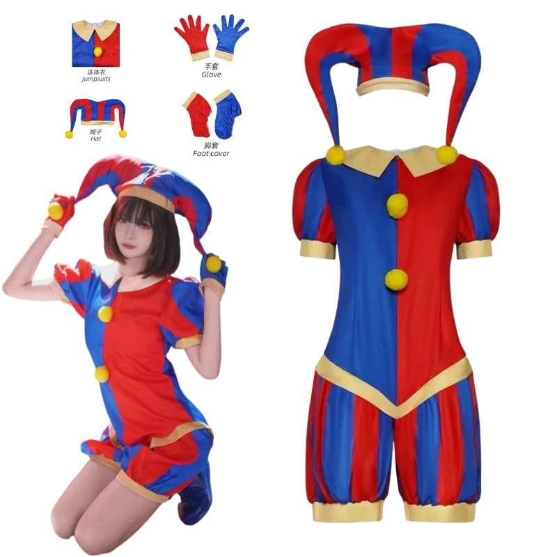 

Anime Clown Cosplay Costume Cos Funny Jumpsuit with Hat Gloves Full Set Stage Performance Outfits for Women Men