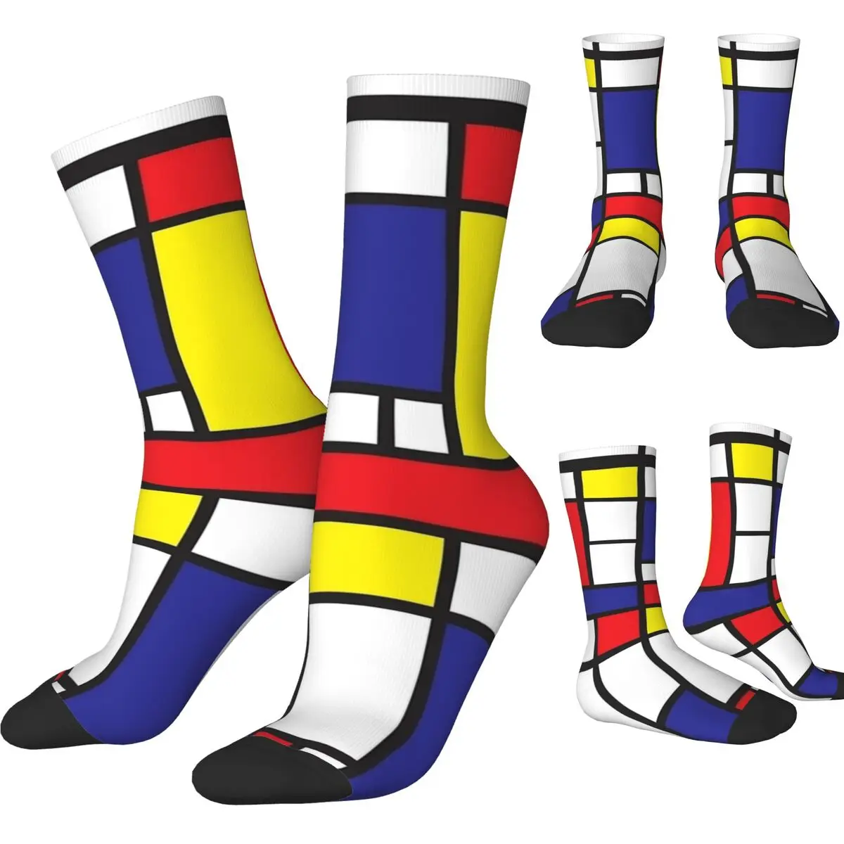 Piet Mondrian Socks Abstract Geometric Art Red Blue Yellow Rectangles Stockings Men Cycling Socks Autumn Anti Bacterial Socks