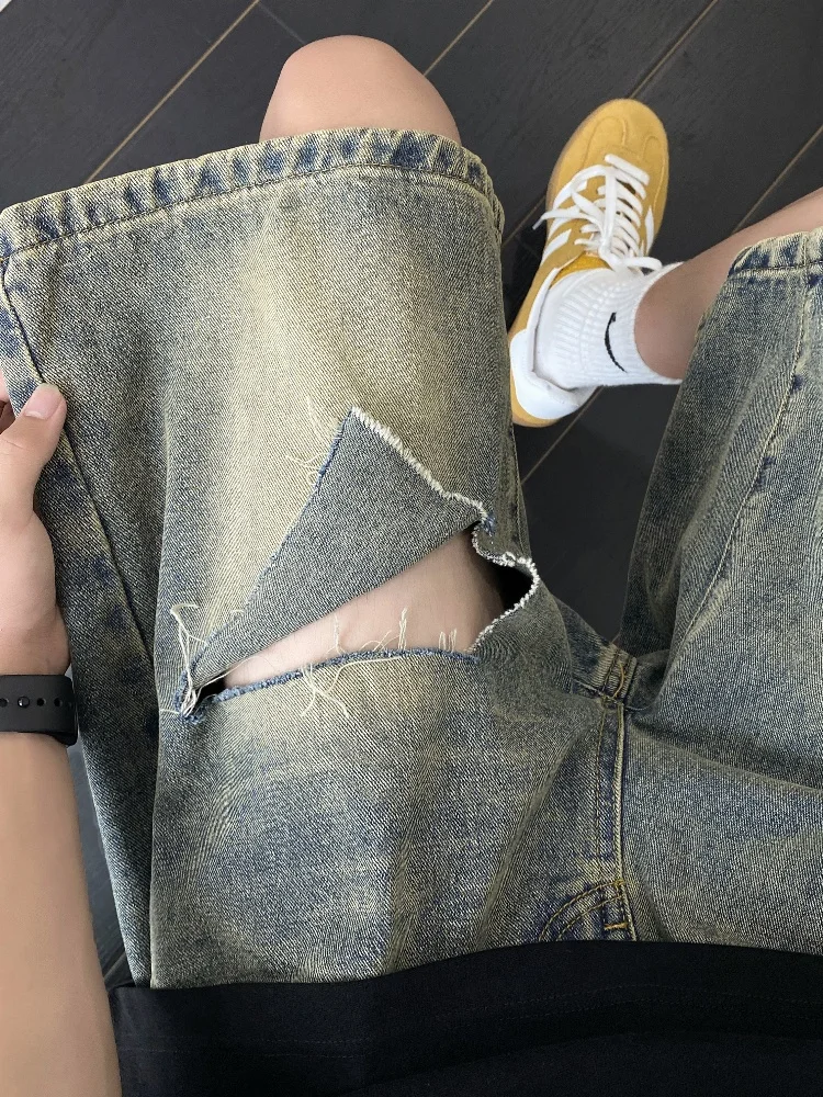 

Мужские джинсовые шорты с эффектом потертости, лето 2024, модные, брендовые, повседневные, в стиле High Street, свободные, прямого кроя