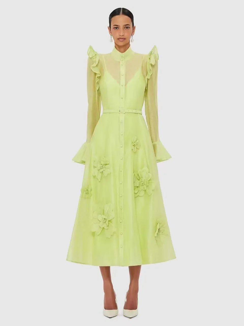 

Solid 3D Flowers Long Dresses Spring Women Flare Sleeve Stand Collar Dress Summer High Waist Single Breasted Knee Length Dress