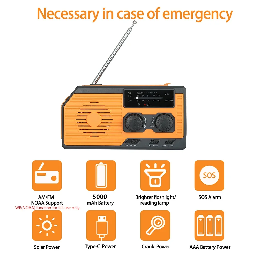 Solar Hand Crank Powered Camping Light With AM/FM Radio Outdoor 10000mAh USB Charging Multifunctional Hand Dynamo LED Flashlight