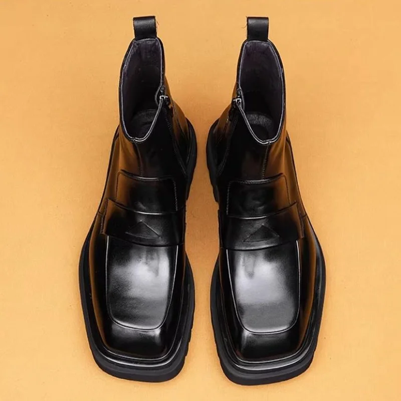 High-end Cool Anti-slip Thick-soled Height-increasing Boots Square-toe Boots For Men New 4cm Heel Chelsea Boot Men Leather Shoes