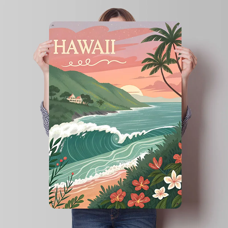 Hawaii Sunset Beach Poster Customized Vintage Metal Signs Wall Art Retro Tin Plaque for Decoration Bedroom Home Decorations Room
