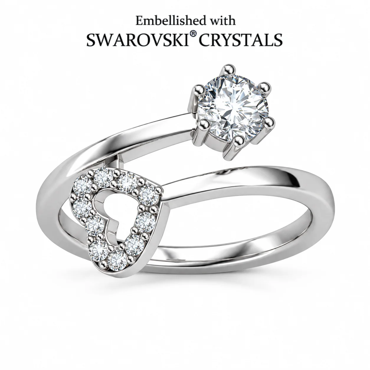 Daisini Heart Lock Open Ring for Women Embellished with Swarovski Crystals Solitaire Bypass Jewelry Birthday Gift