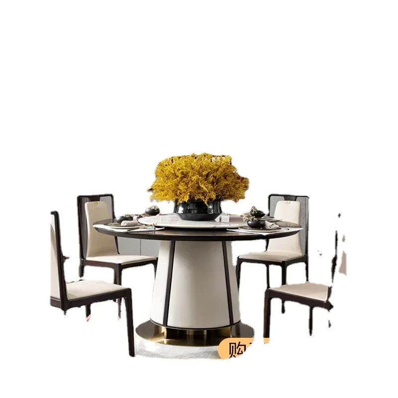 

1round Dining Table and Chair Ugyen Wood Turntable Dining Table Light Luxury Leather Solid Wood round Table Dining Room Furnitur