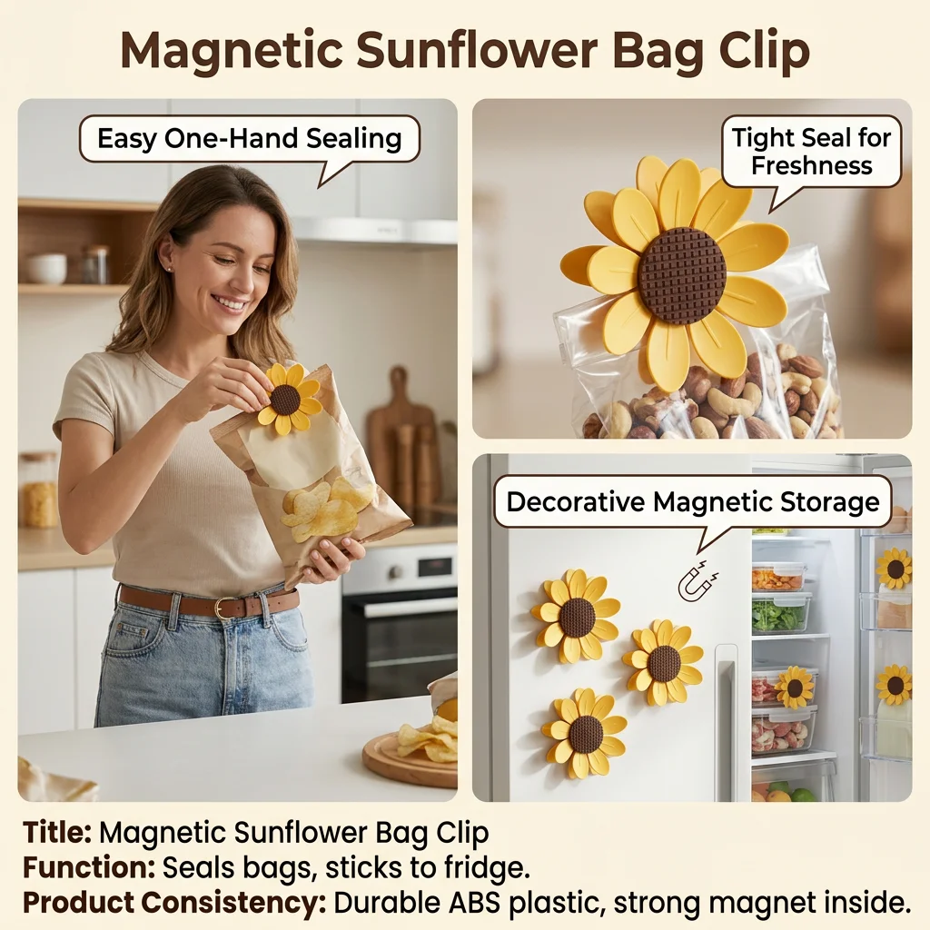 Airtight Bag Sealing Clip Creative for Kitchen Storage Sunflower Magnetic Food Clips Refrigerator Snack Sealers Durable