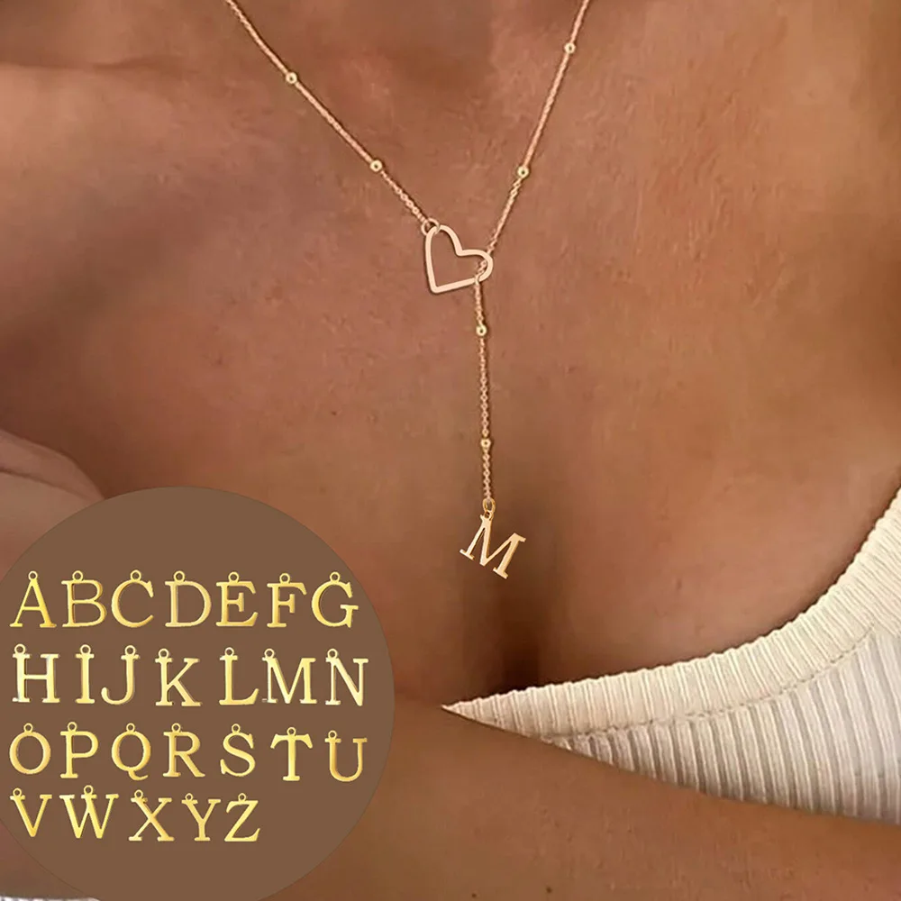 WG 1pc Stainless Steel Hollow Heart & 26-Letter Alphabet Y-Shaped Necklace Pendant Niche Clavicle Chain Necklace Jewelry