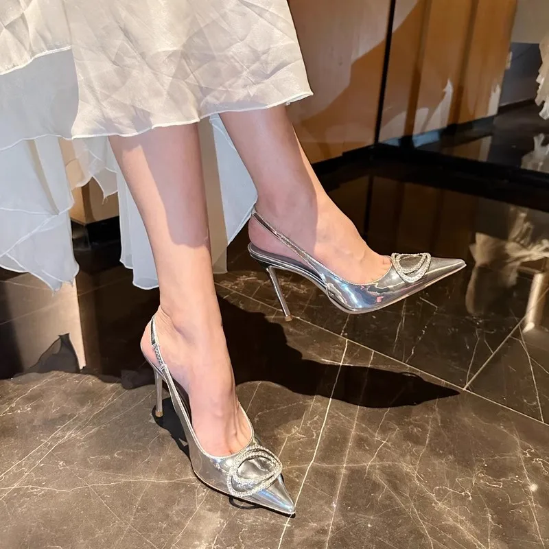 

Spring and Summer New Lacquer Leather Pointed Rhinestone Single Shoes Thin High Heel Banquet Dress Small Size Women's Sandals