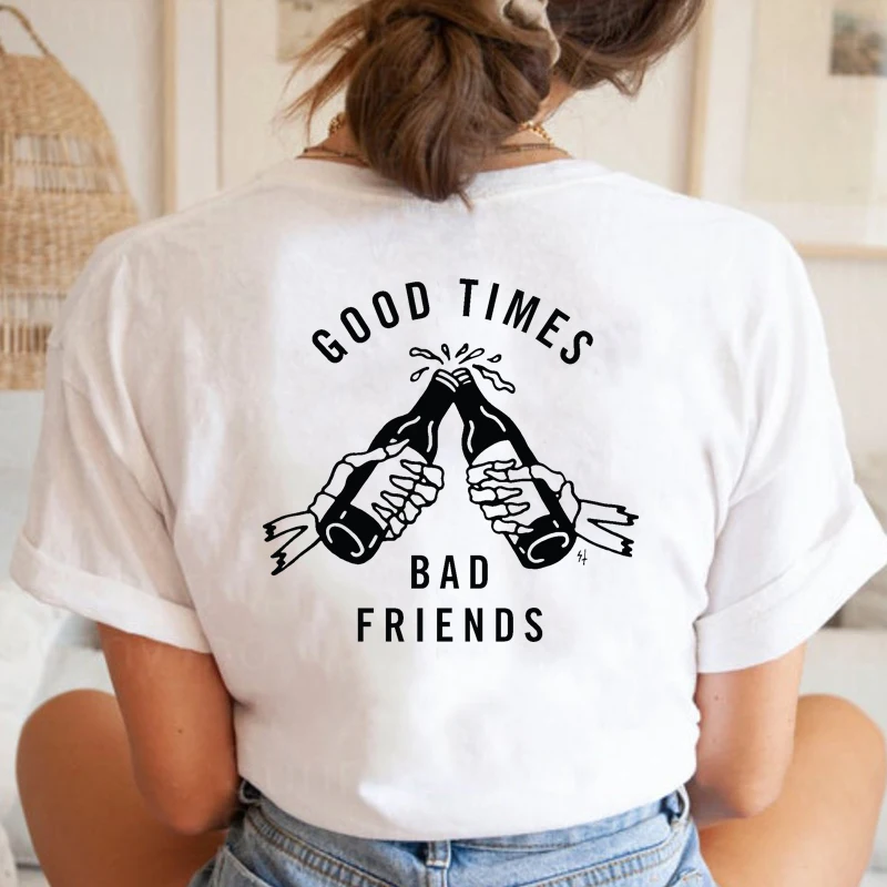 

Смешные футболки с рисунком Good Times Bad Friends, хлопковая Футболка с принтом сзади, одежда для напитков, винтажная одежда в стиле гранж 90-х, одежда для лучших друзей