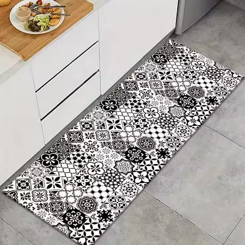 VIKAMA Bohemian Ceramic Tile Check Print Carpet Kitchen Bedroom Living Room Balcony Easy To Take Care Of Floor Mat Home Decor