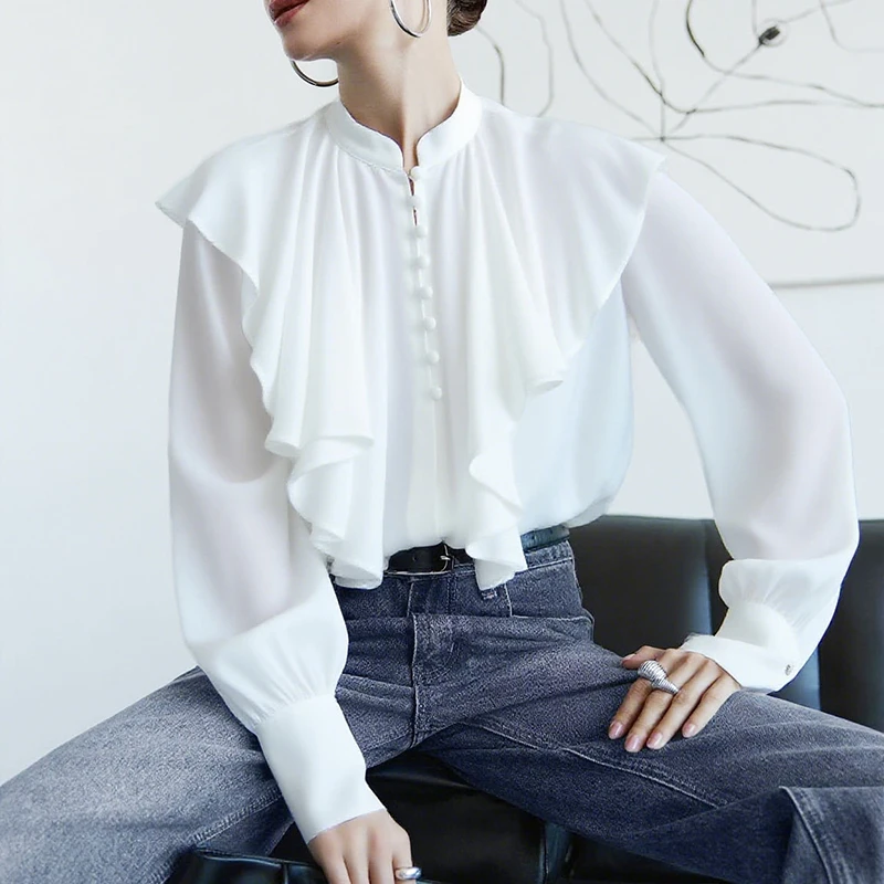 

Elegant Women's Chiffon Ruffle Blouse Long Sleeve Slim Fit Office Shirt Solid Color High Neck Button Top Stylish Autumn Outfits