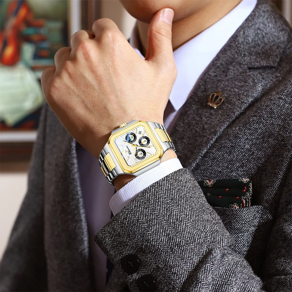 CHENXI Orologi d'oro da uomo Calendario luminoso con fasi lunari Orologio da uomo al quarzo Cronografo da uomo impermeabile da lavoro