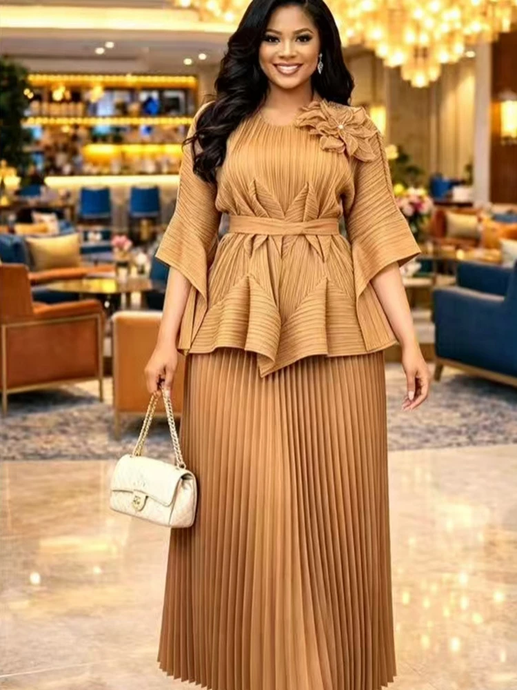 

2 Piece Sets Tops And Skirt African Dresses For Women Elegant Wedding Dashiki Robe Kaftan Pleated Maxi Dress Turkish Africa New