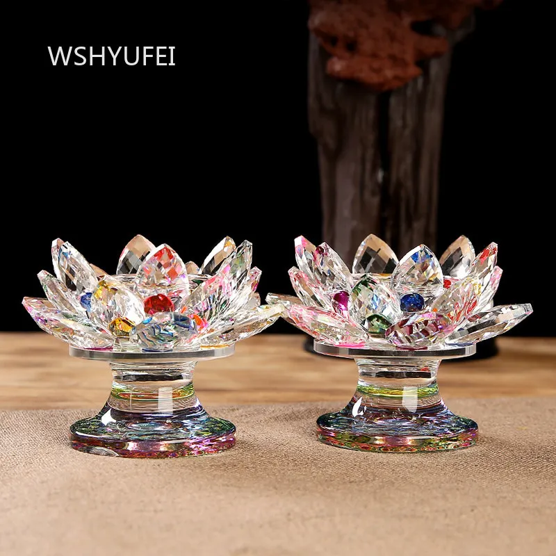 1pc Colorful Glass Lotus Candle Holder with Rainbow Base Gem Inlaid Tea Light Stand for Buddhist Altar and Meditation Room Decor