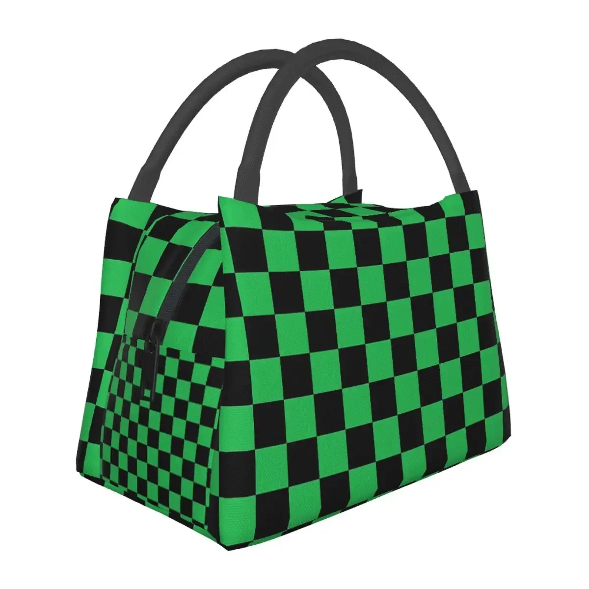 Vintage Check Print Lunch Bag Black And Green Office Lunch Box For Unisex Vintage Print Thermal Tote Handbags Oxford Cooler Bag