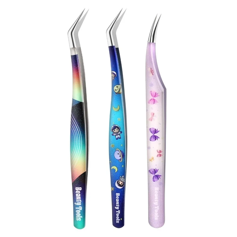 Stainless Steel Precision Craft Tweezers High Precision Anti-static False Eyelash Tweezers Cartoon Non Slip Grip